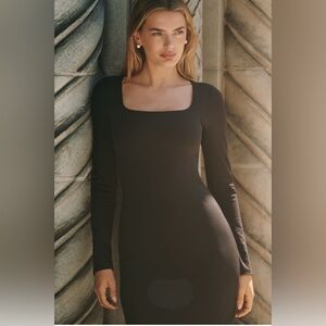 Daily Practice Long-Sleeve Square-Neck Midi Dress in Black Onyx